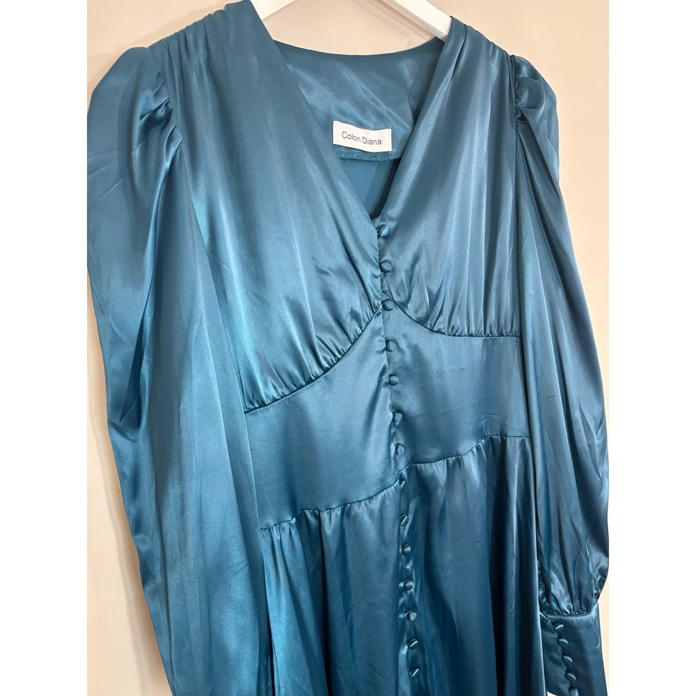 Colon Diana Teal Satin Bishop Sleeve Button Front Midi Dress Womens - Picture 8 of 16